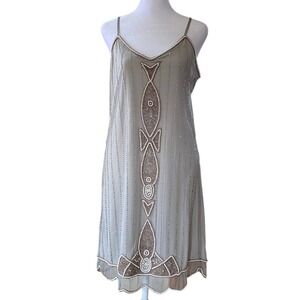 Alloy Apparel Beaded Flapper Gray Mini Dress Large Art Deco Pearl Gatsby Sheer